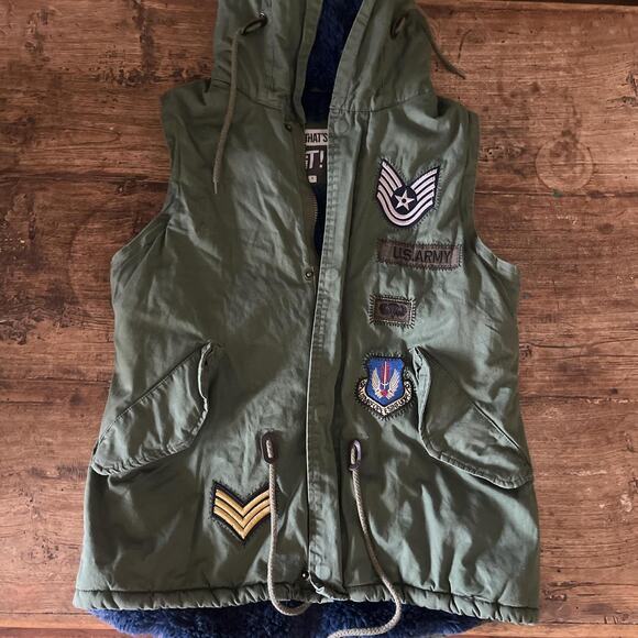 Retro utility 80's grunge Military cargo patched vest with hoodie - Picture 1 of 6